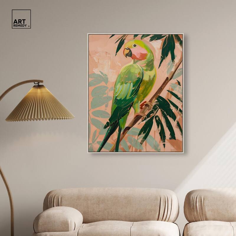 Coral and Green Parrot II Canvas by Art Remedy