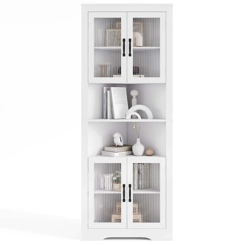 White MDF and Tempered Glass 6-Tier Corner Cabinet with Adjustable Shelves - 26" x 14" x 67" (L x W x H)