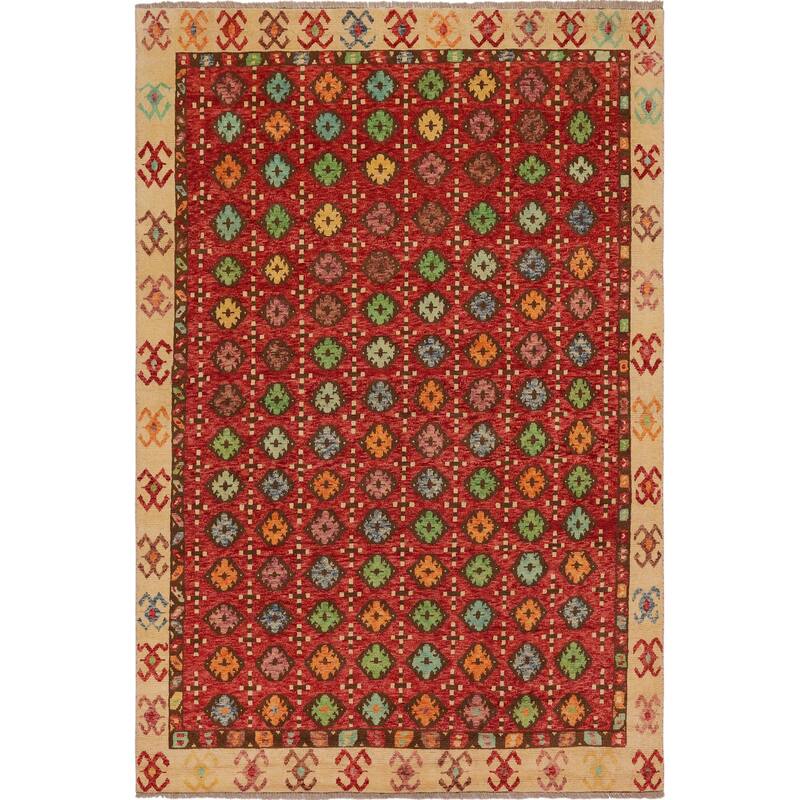 Modern Balochi Whitehead Red/Beige Hand Knotted Wool Rug - 6'9'' x 9'8''