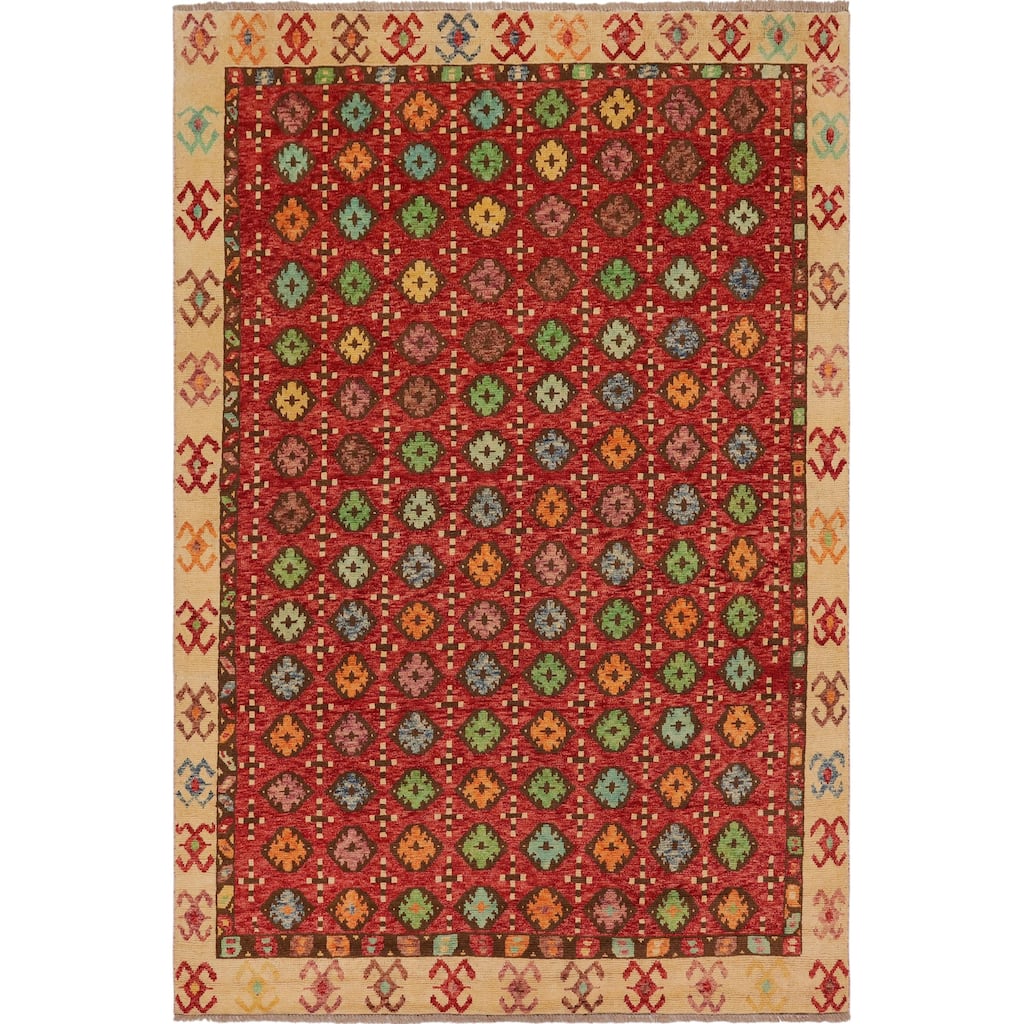 Modern Balochi Whitehead Red/Beige Hand Knotted Wool Rug - 6'9'' x 9'8''