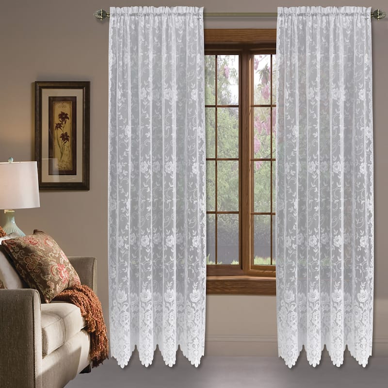 Grace Floral Lace Window Curtain Panels Or Valance - 54 Inches - White