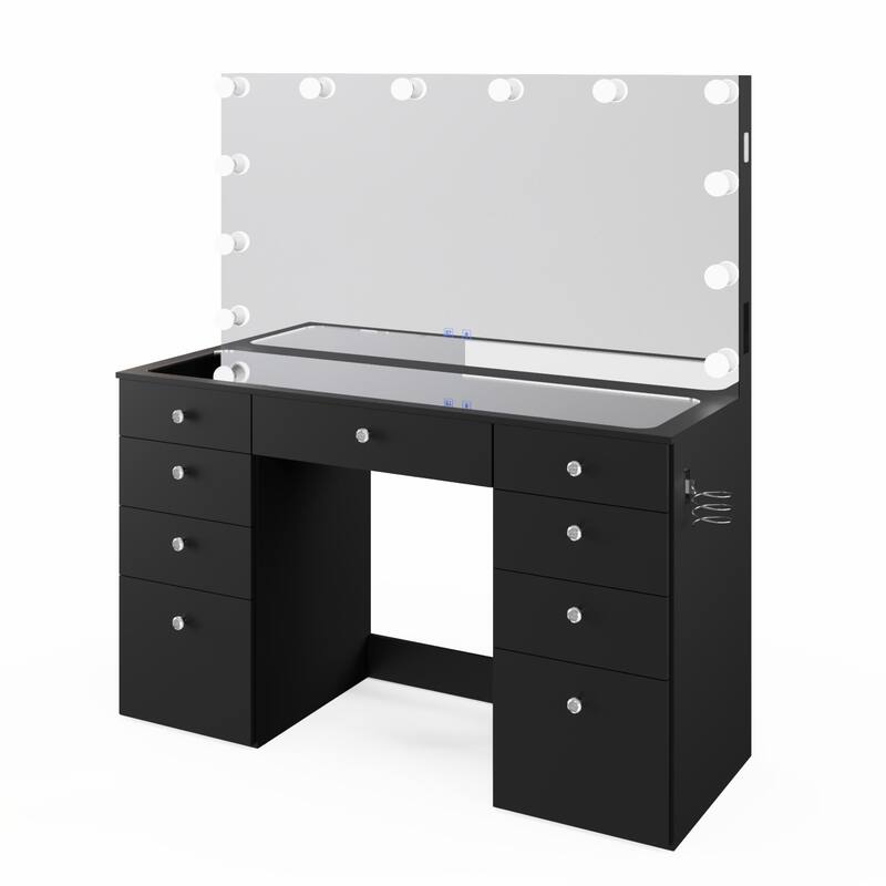 Boahaus Premium Makeup Vanity Desk Full-Width LED Mirror, Bluetooth Speakers 11 Drawers