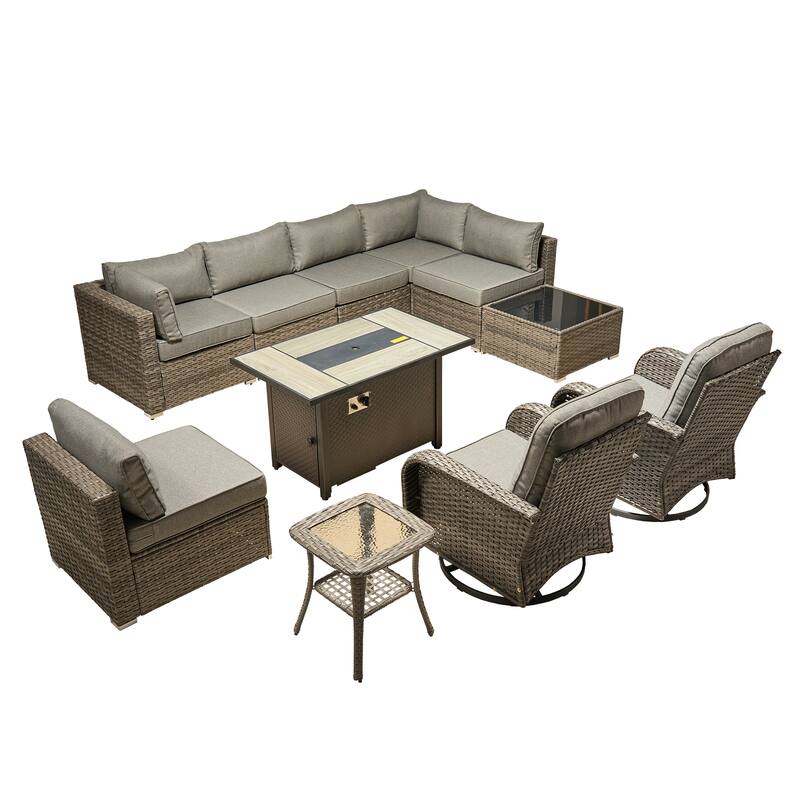 HOOOWOOO 11-piece Wicker Furniture Set Outdoor Sectional Sofa with Fire Pit