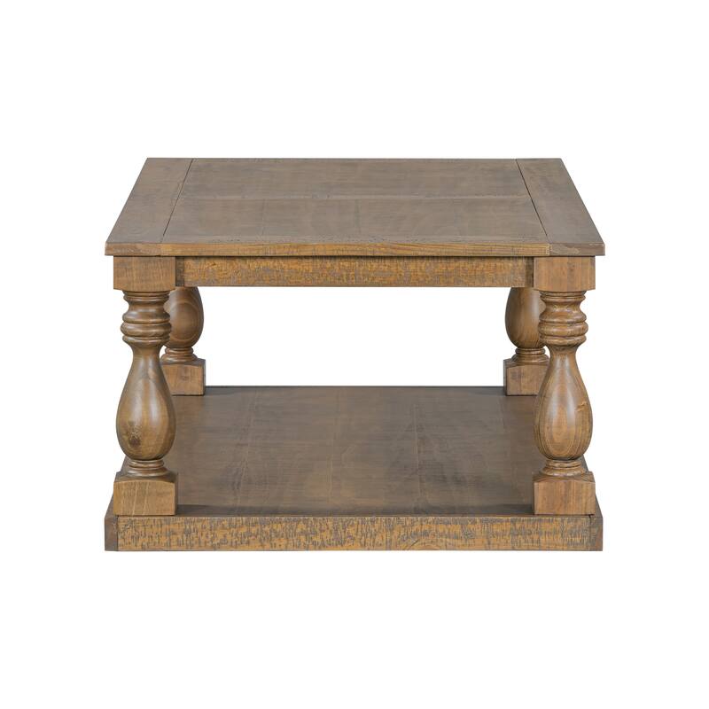 Vintage Coffee Table, Tea Table with Vase Column Legs, Pine Veneer Living Room Table Cocktail Table w/Open Storage Space