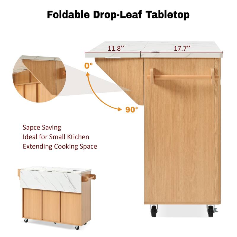 Roomfitters 52" Fluted Kitchen Island with Drop Leaf, Power Outlet & Walnut Wood-Grain Top