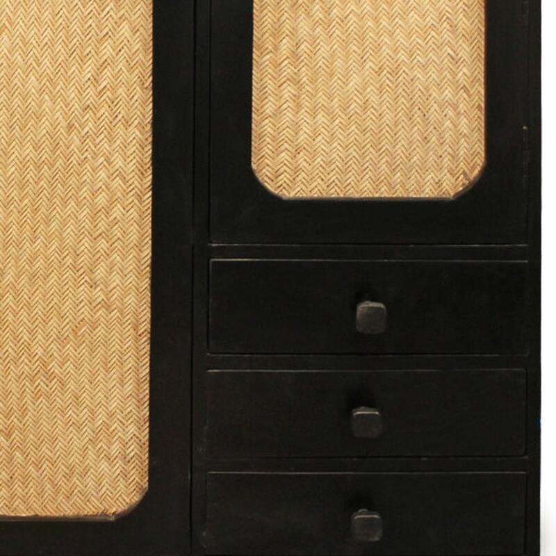 HomeRoots 32" Black Distressed Solid Wood Three Drawer Sideboard with Two Doors - 31.50 in. x 37.00 in. x 12.00 in.