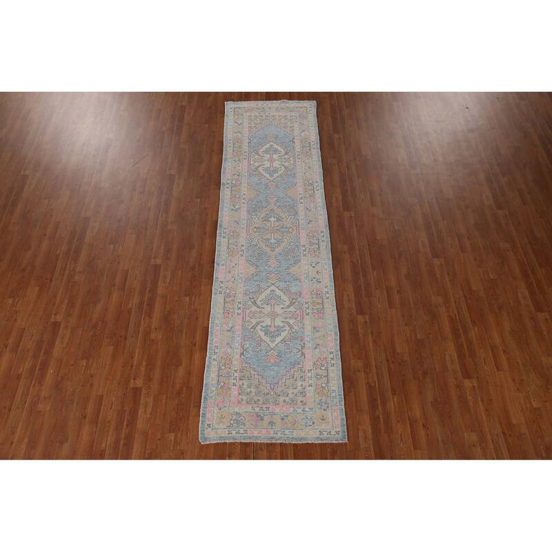 Handmade Vegetable Dye Oushak Turkish Runner Rug Blue Wool Carpet - 3'1"x 11'3"