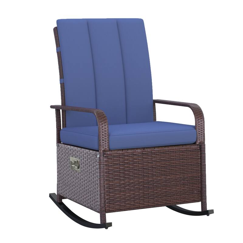 Outdoor Wicker Rocking Chair with Adjustment Backrest, PE Rattan Lounge Chair with Adjustable Footrest and Cushions - Colorful