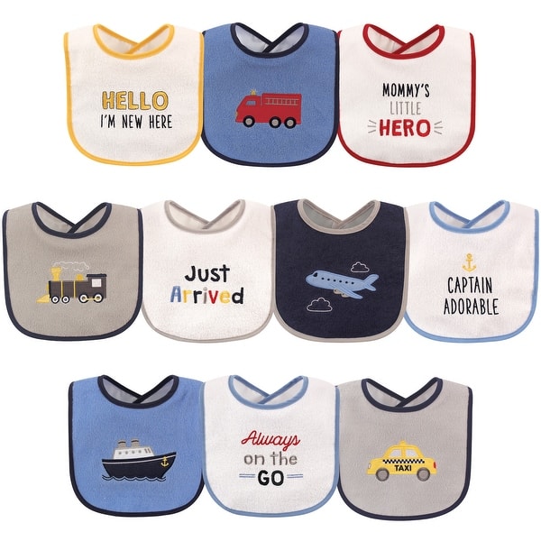 slide 1 of 1, Luvable Friends Baby Boy Cotton Terry Drooler Bibs with PEVA Back 10pk, Transportation, One Size - Transportation - One Size One Size - Transportation