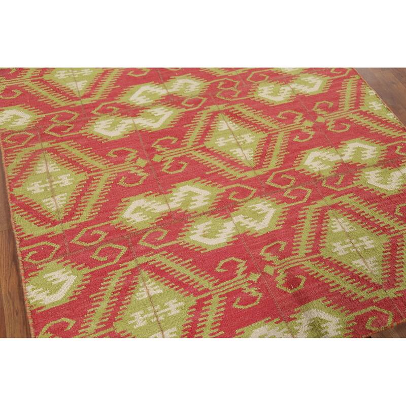 All-Over Pink Geometric Kilim Oriental Area Rug Handmade Wool Carpet - 4'9"x 7'1"