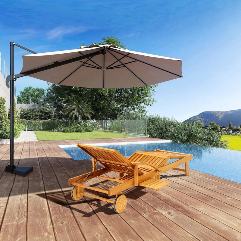 Acacia Wood Folding Lounge, 4-Pos Adjustable, Wheels for Beach