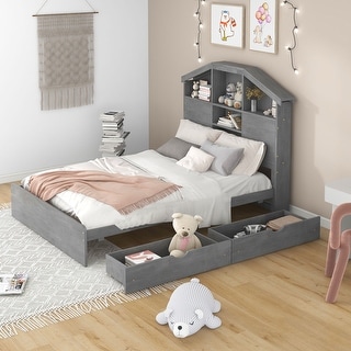 Full Size Wood Platform Bed with House-shaped Storage Headboard and 2 Drawers, Suitable for Kids, Gray
