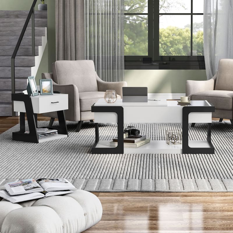 DH BASIC 2-Piece Modern White Lift-top Coffee Table and End Table Set by Denhour - White