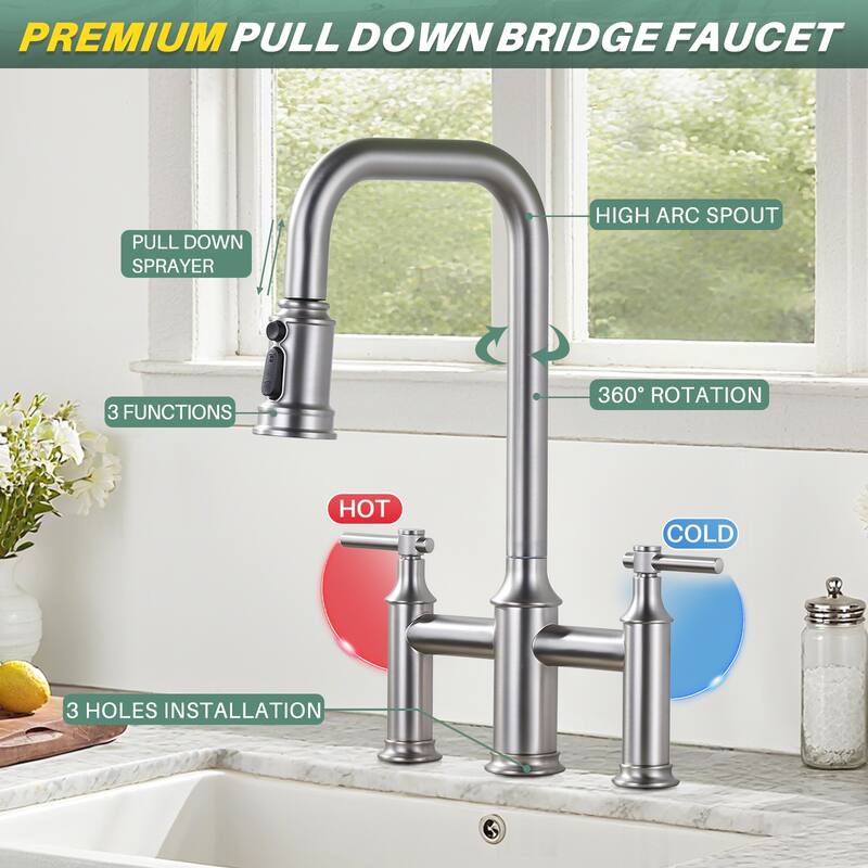 WOWOW Double Handle Bridge Kitchen Faucet with Advanced Spray