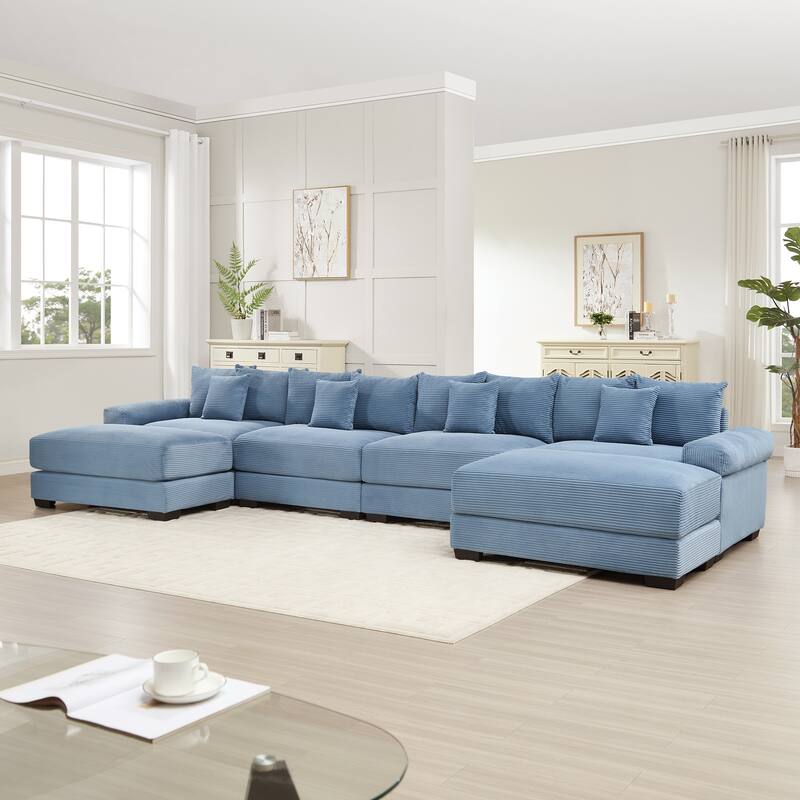 Roomfitters 130 Inch Modular Sectional Couch, Oversized Corduroy 3-Seater with Deep Seats, Blue - Blue 170" U-Shape