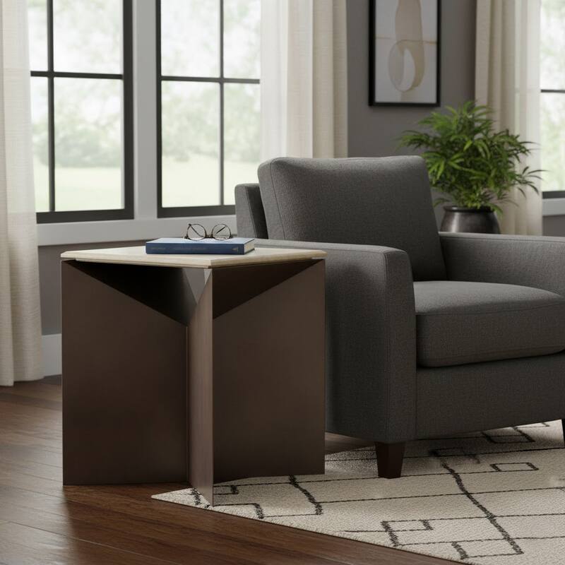 Metal Travertine EndTable Contemporary Sculptural Base - 25" Bronze - 24.75"