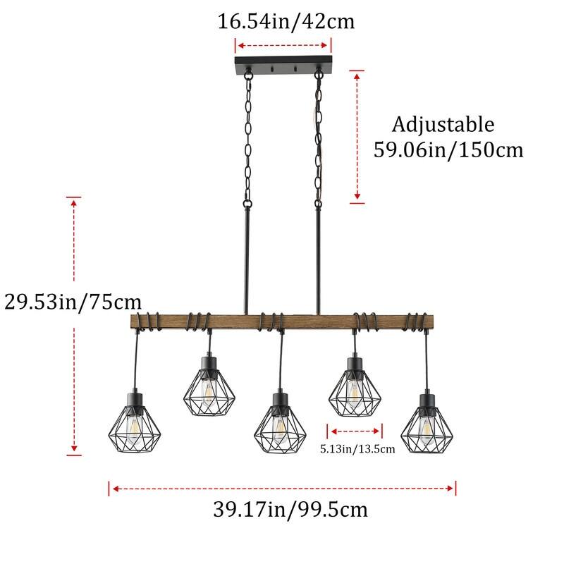 Industrial 5-Light Black Metal Cage Chandelier with Faux Wood Beam