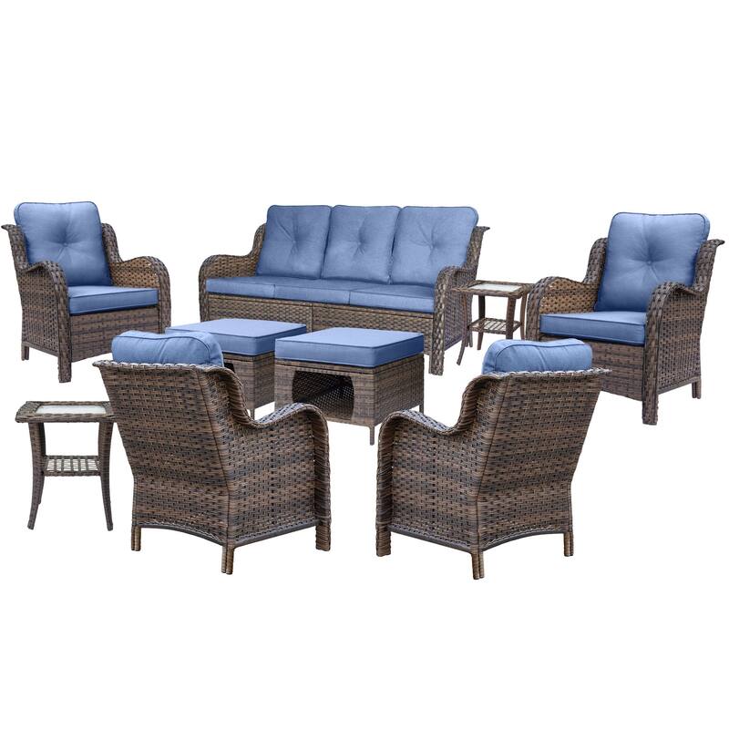 Brown Wicker Outdoor Patio Furniture Sofa Set with Denim Blue Cushions