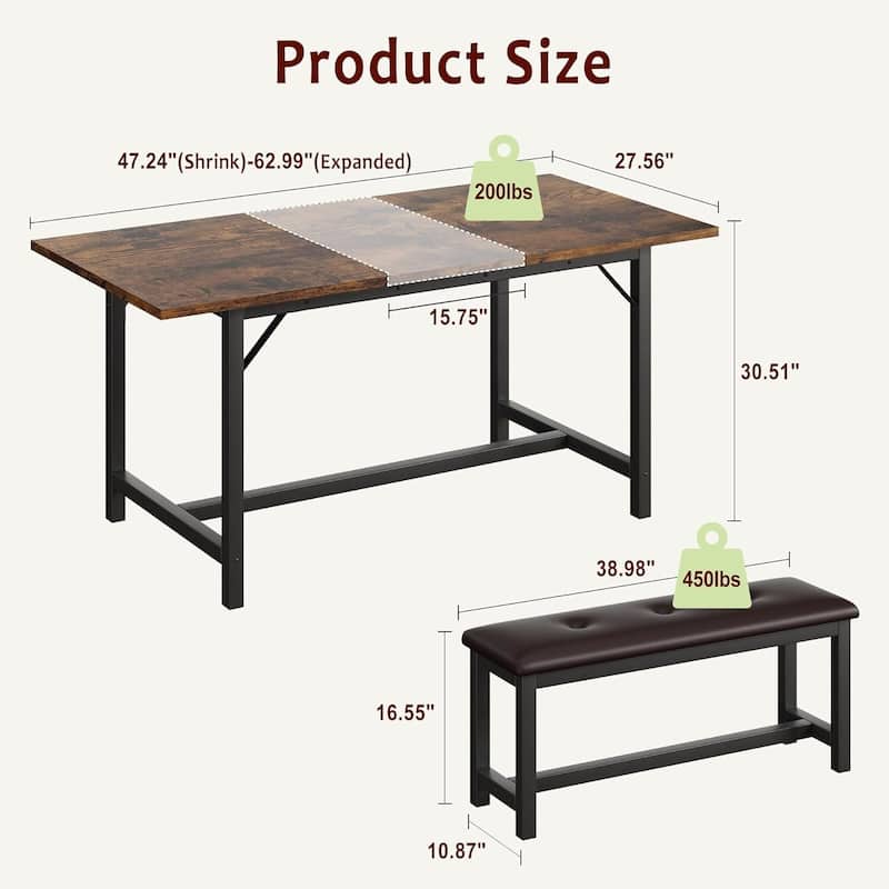 3-Piece Kitchen Table with 2 Upholstered Benches, 63" Extendable Dining Table Set