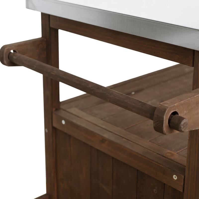 Christopher Knight Home - 54.33" Solid Wood Mobile Outdoor Kitchen Cart with Stainless Steel Top & Spice Rack & Lockable Wheels