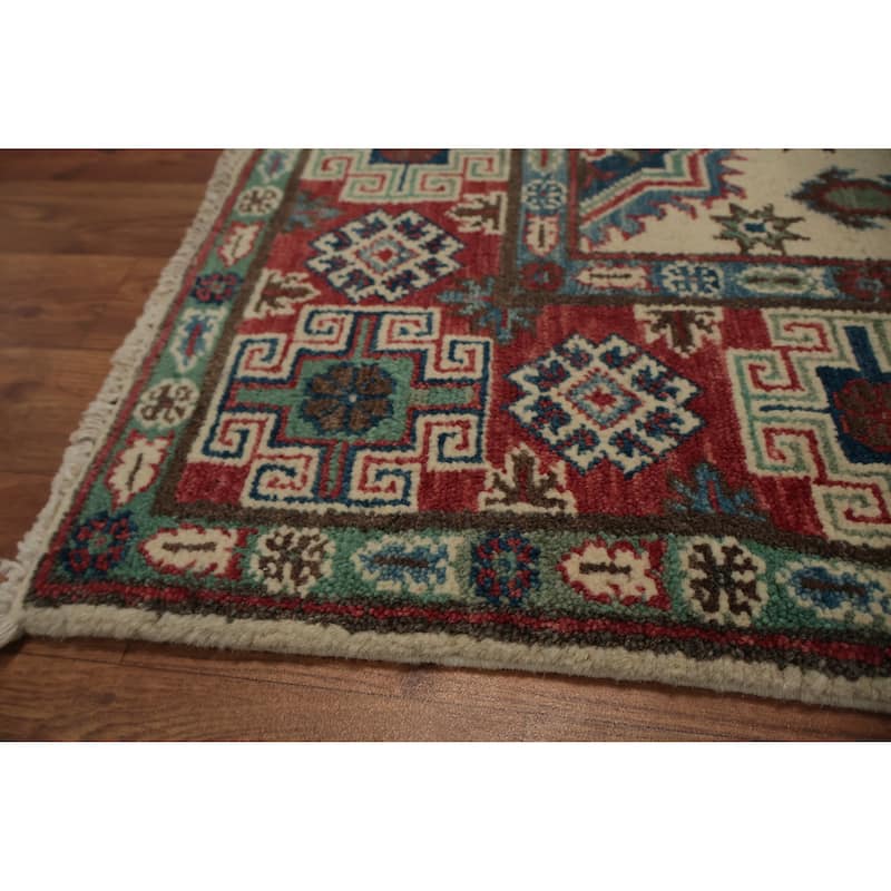 Hand Knotted Oriental 100% Wool Carpet Traditional Geometric Beige & Ivories Kazak Area Rug - 5' 11'' X 4' 1''