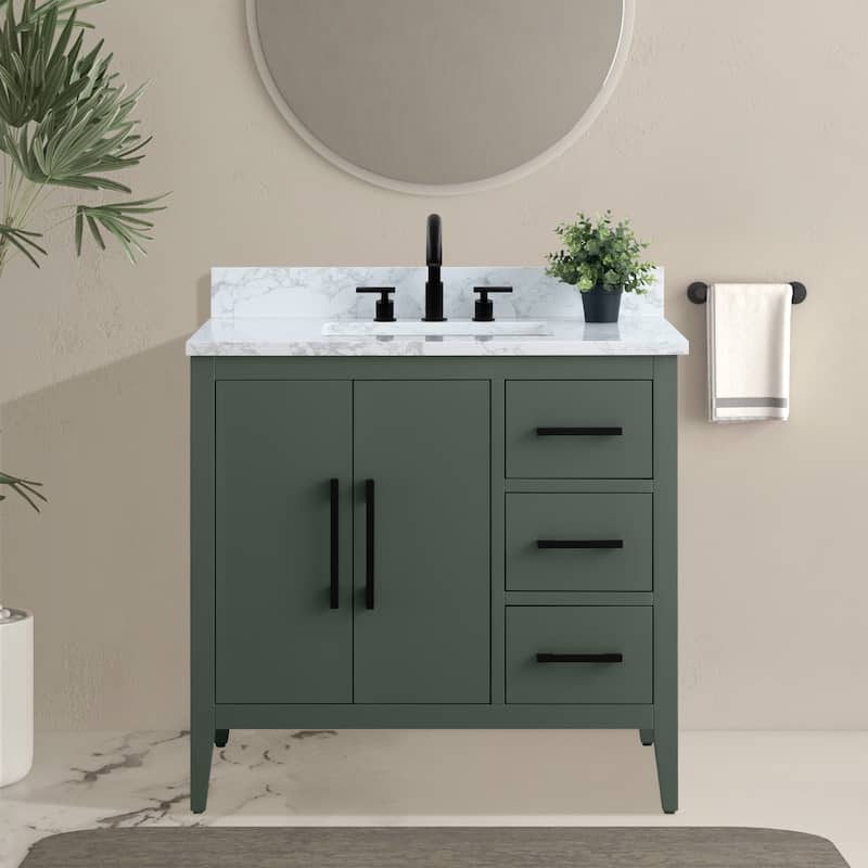 Vanity Art 36" Single Sink Bathroom Vanity Cabinet with Engineered Marble Countertop - 36"/Matte Black Handle - Vintage Green