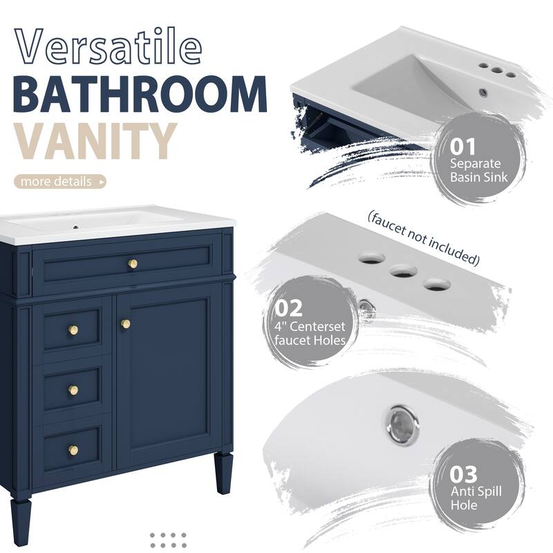 GDFStudio - Ravensden Modern Freestanding Bathroom Vanity Set with Ceramic Sink and Mirror Cabinet with a Tip-out Drawer - 30'W