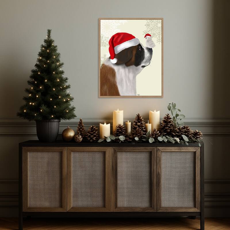 Christmas St Bernard and Fluffy Owl by Fab Funky (23 x 28 in.), Framed Canvas Wall Art Print - Sylvie Beaded Rustic Natural