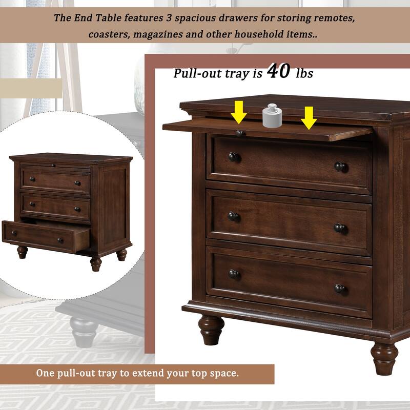 3-Drawer Storage Wood Cabinet, End Table with Pull out Tray