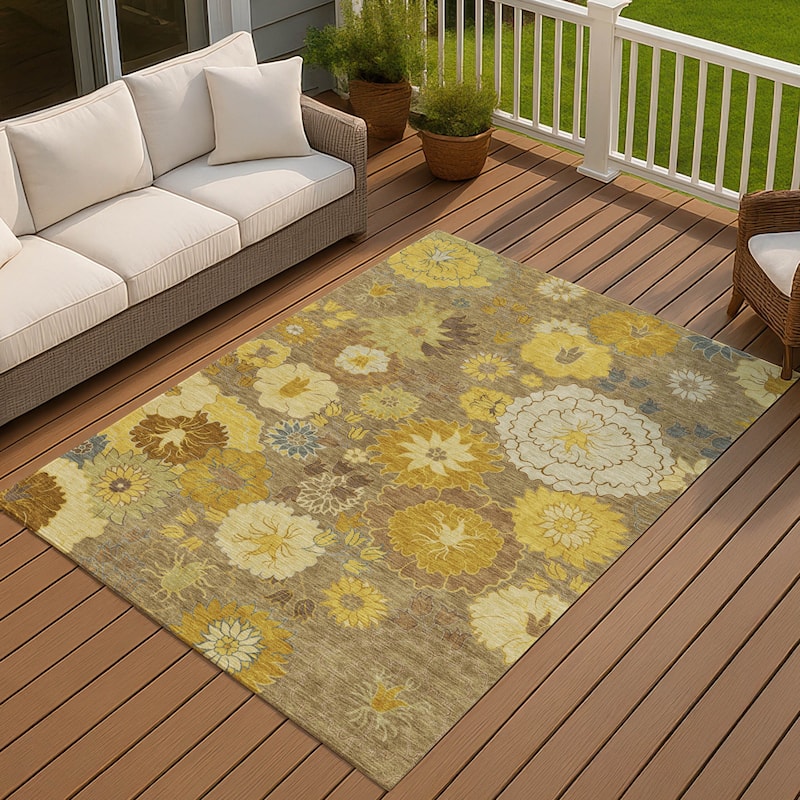 Machine Washable Indoor/ Outdoor Modern Floral Chantille Rug - Mocha - 3' x 5'