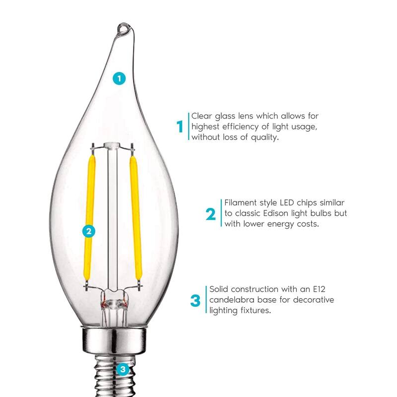 Luxrite 4W Vintage Candelabra LED Bulbs Dimmable, 400 Lumens, 40W Equivalent, Flame Tip Clear Glass, E12 Base (6 Pack)