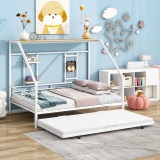 Metal Full Size House Bed Frame with Pull Out Twin Size Trundle Bed Fram, Semi-enclosed Roof and Shelf for Kids, Teens