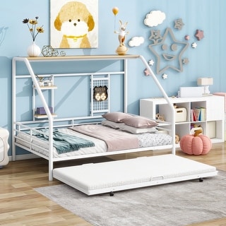 White Full Size Metal House Bed with Trundle & Roof