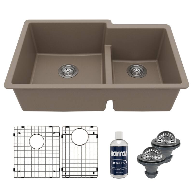 Karran 32" Undermount Large/Small Bowl Quartz Kitchen Sink Kit - 32" x 21.25" x 9" - Concrete