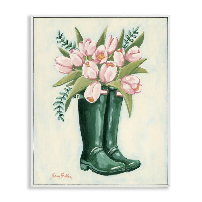 Stupell Tulips in Rain Boots Framed Giclee Art Design By Sara Baker - 24 x 30 - White