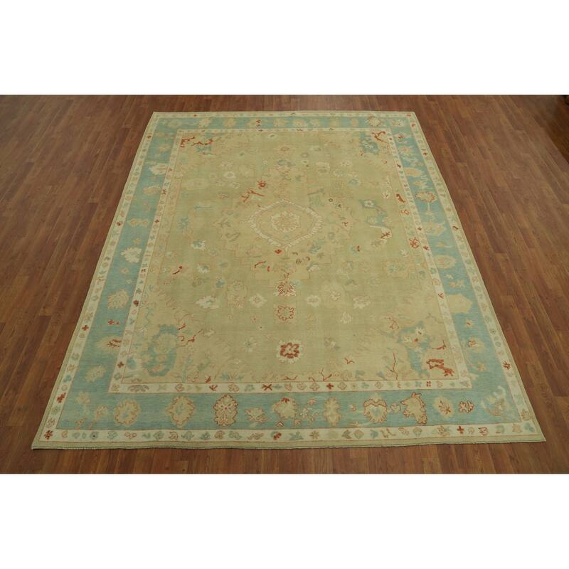 Handmade Wool Oushak Turkish Area Rug, Floral Geometric Carpet - 9' 10'' X 8' 0''