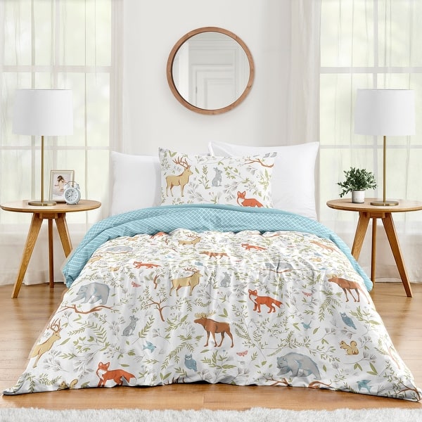 slide 2 of 6, Woodland Animal Toile Collection Boy or Girl 2-piece Twin-size Comforter Set - Grey Green Brown Bear Deer Fox Forest Animals