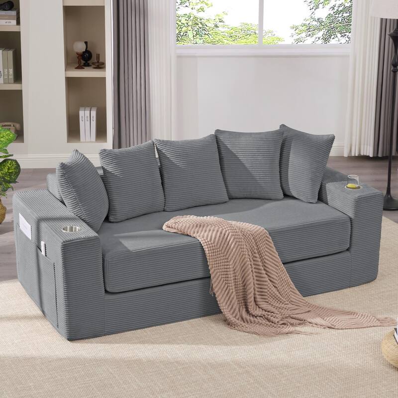 2-in-1 Convertible Sleeper Sofa, Floor Folding Couch, Sofa Bed with Side Pocket, Pull Out Loveseat with Cup Holders