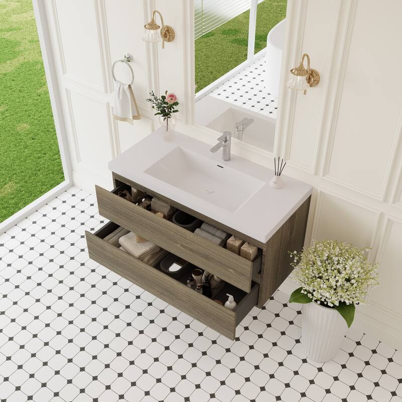 Modern Wall-Mounted Bathroom Vanity with White Solid Surface Top