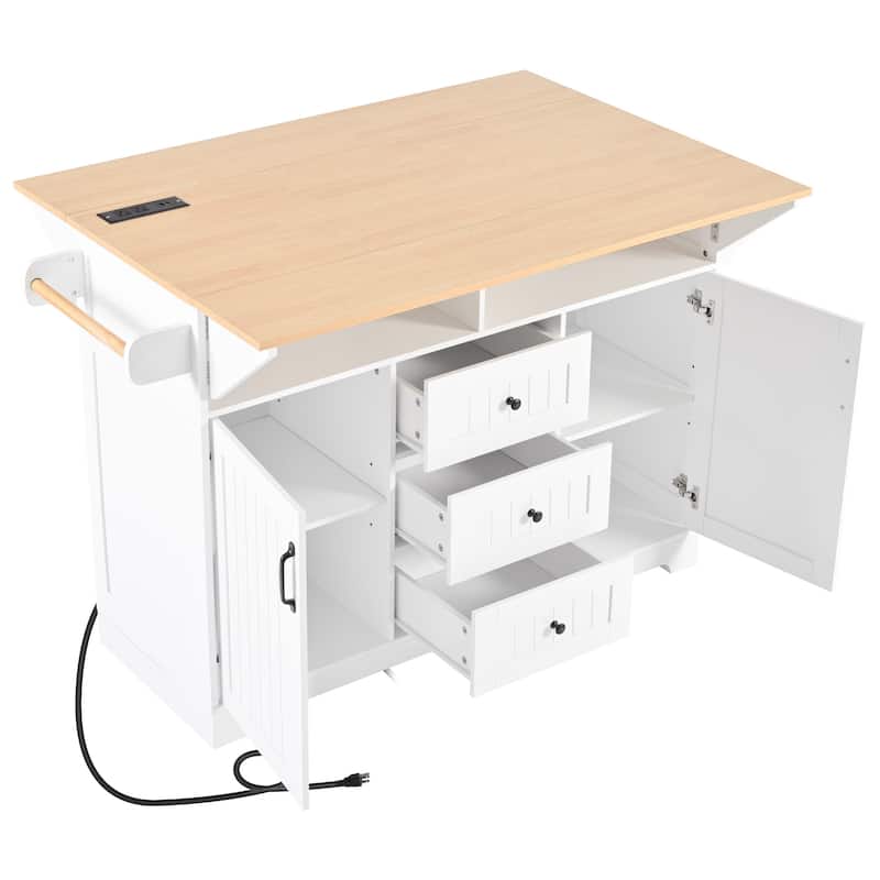 55.7" Large Kitchen Island with 2 Drop Leaf, Rolling Kitchen Cart on 5 Wheels with Power Outlet