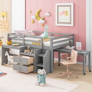 Gray Wooden Loft Bed with Movable Desk and Small desk, 2 Drawers, Full-Length Guardrail
