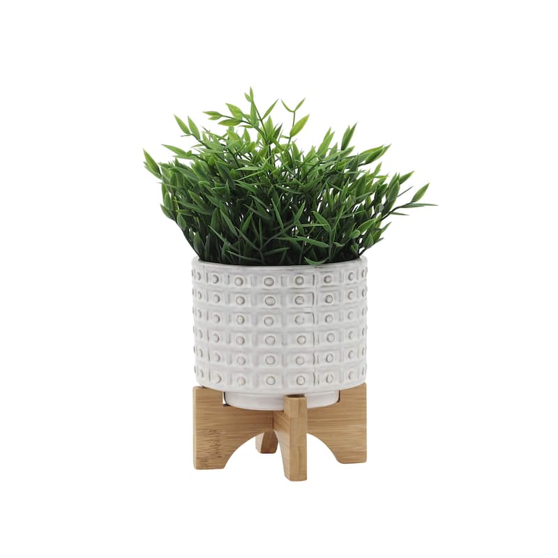 Sagebrook Home Handmade Ceramic Planter Pot with Natural Wood Stand