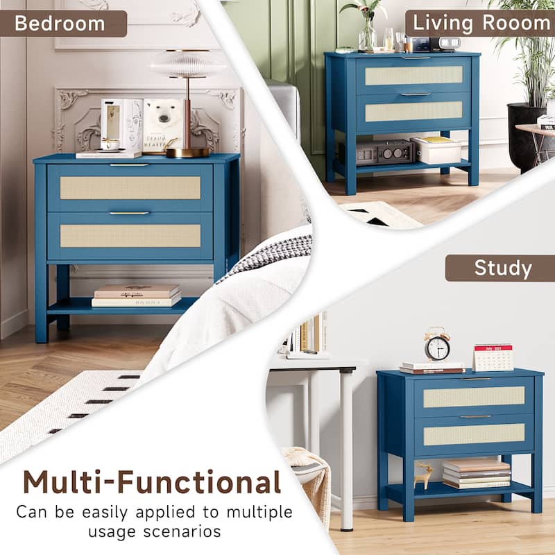 Rattan Nightstand with 2 Drawers and Storage Shelf Boho Bedside Narrow Side Table for Bedroom