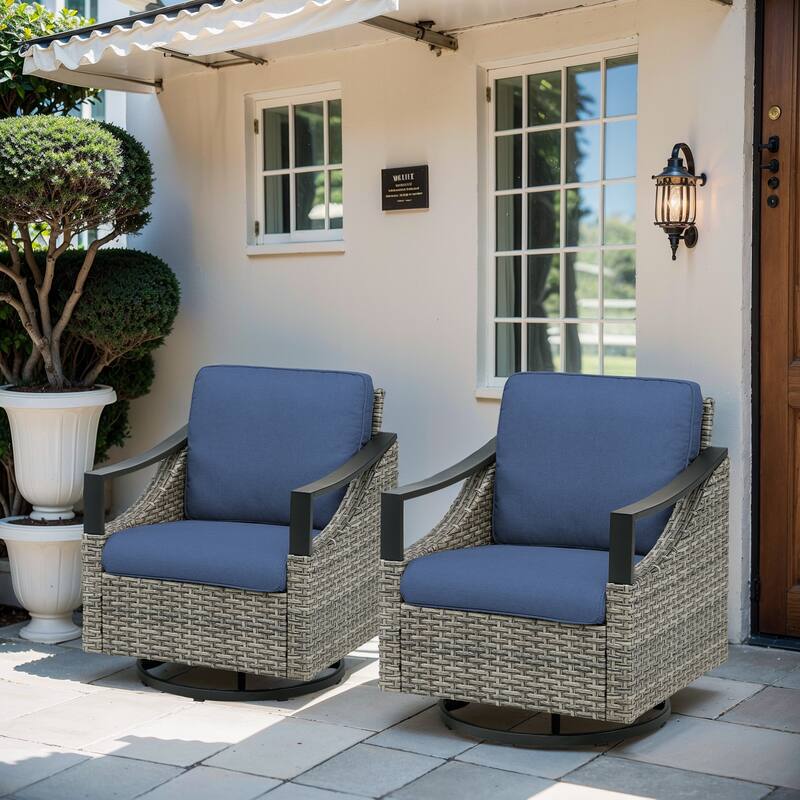 Pocassy Outdoor Sofa Swivel Patio Chair Table with Ottoman Set - Blue Cushion Gray Wicker - Swivel Chair with Thick Cushions Set of 2