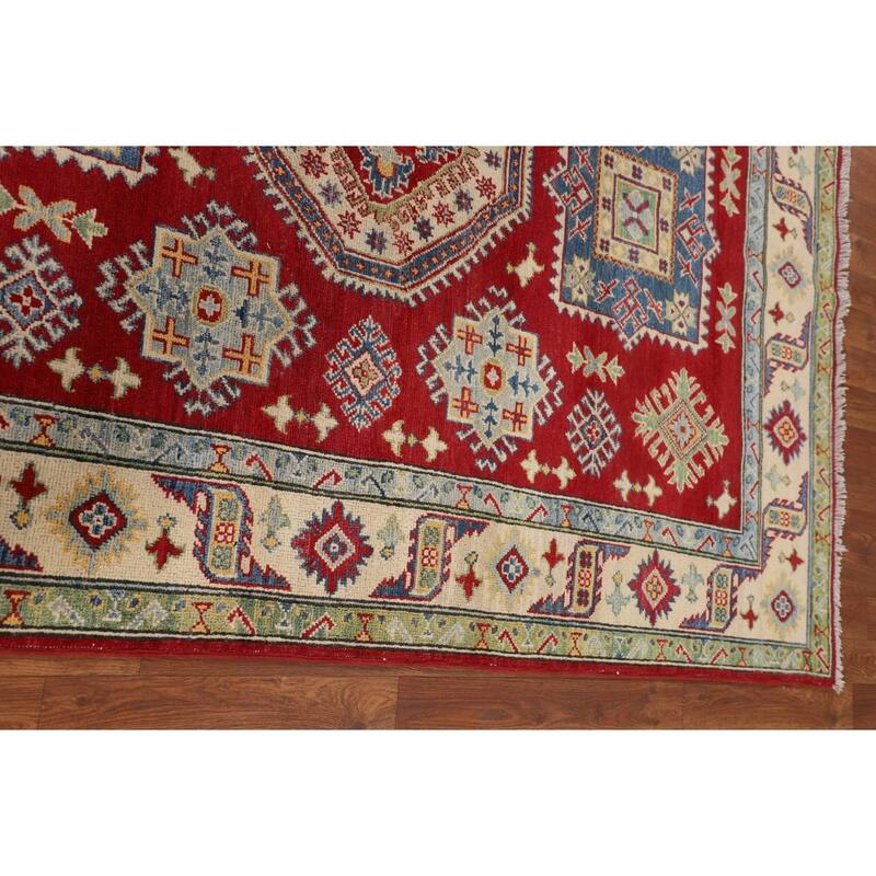 Red Kazak Oriental Area Rug Handmade Geometric Wool Carpet - 5'1" x 6'9"