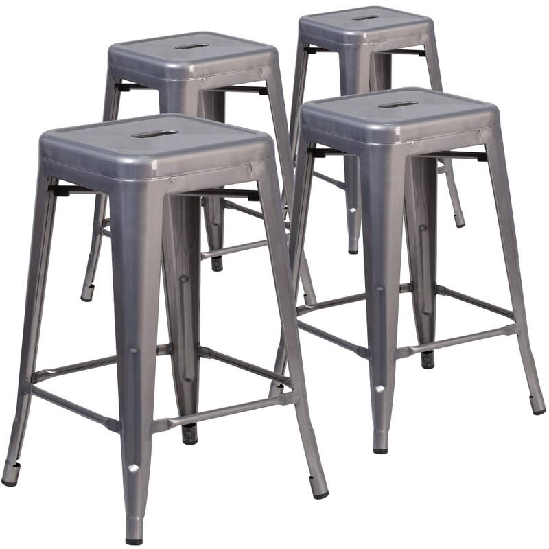 4Pk 24"H Backless Clear Coated Metal Indoor Counter Height Stool w/ Square Seat