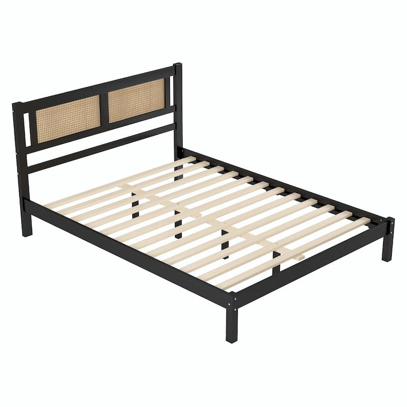 Wood Platform Bed with Natural Rattan Headboard, Elegant Minimalist Design