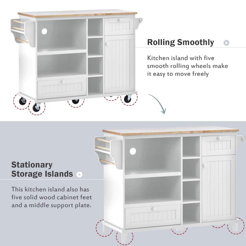 Rubberwood Kitchen Cart with Drop Leaf, Microwave storage rack, Exterior Shelves, and 2 drawers