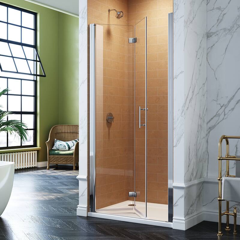 Elegant Bi-Fold Frameless Pivot Swing Shower Door Enclosure with Clear Glass Panel and Hardware Kit