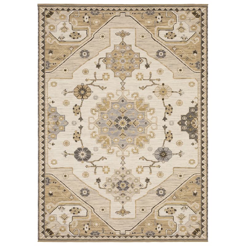 Adelaide Old World Medallions Tan/ Grey Wool Blend Area Rug- - 5'3" x 7'6"